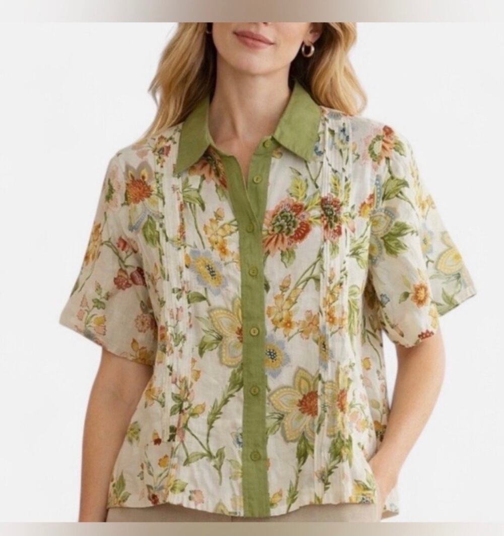 Magaschoni Linen Print Boxy Cropped Top Olive Green Floral Print S